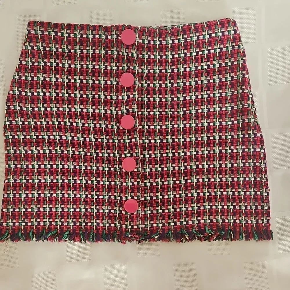 Zara Red and White Embellished Pencil Mini Skirt